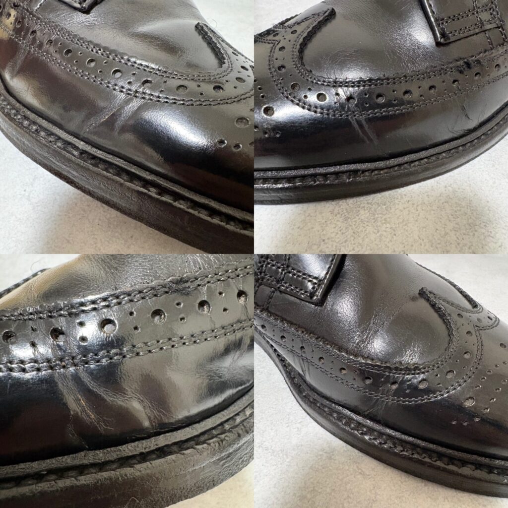 REGALウィングチップのアッパーにあるシワや小傷の拡大写真。中古革靴の使用感が分かる状態