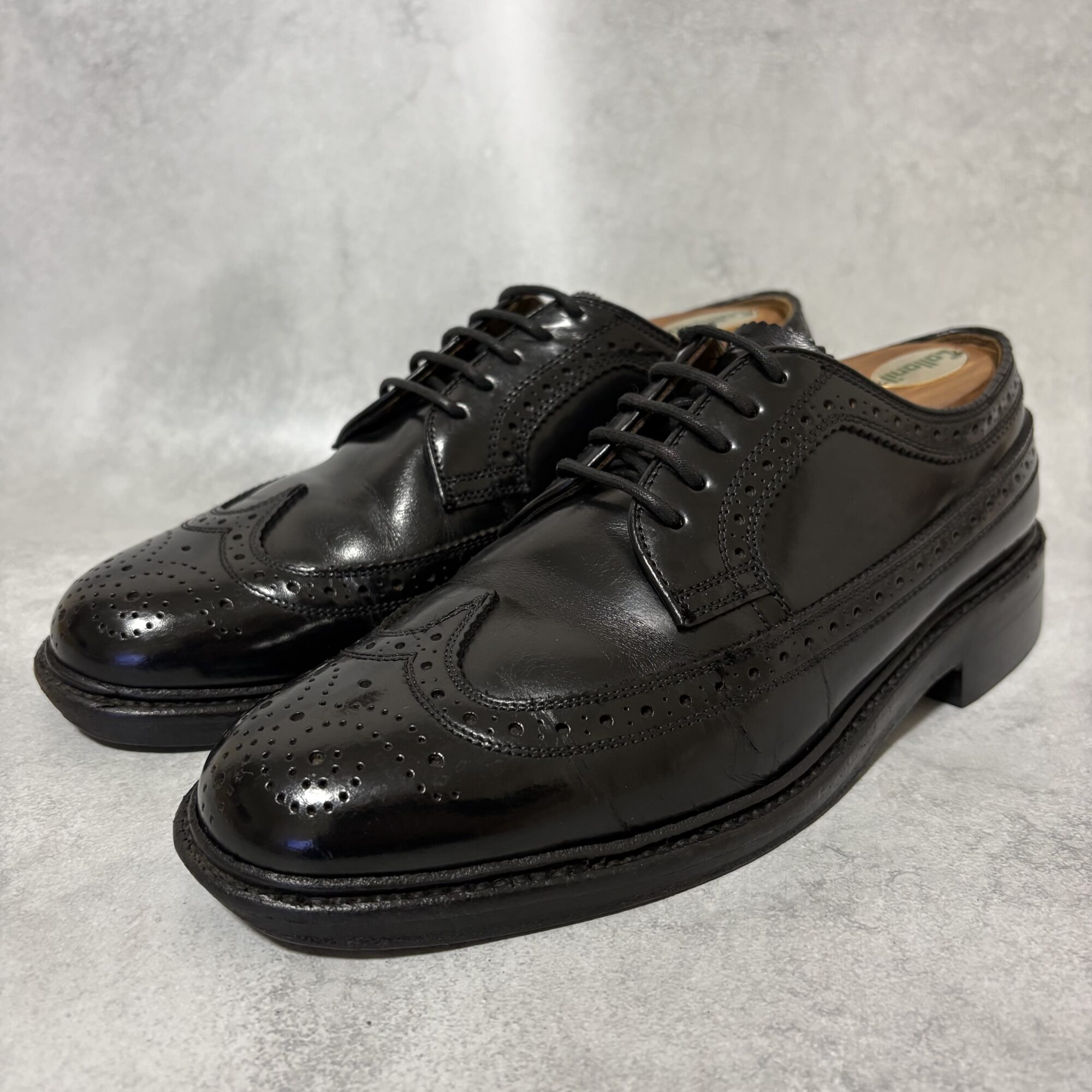 メンテナンス済みのREGALウィングチップ黒。状態は良好に見えるがヤフオクで1円落札となった革靴